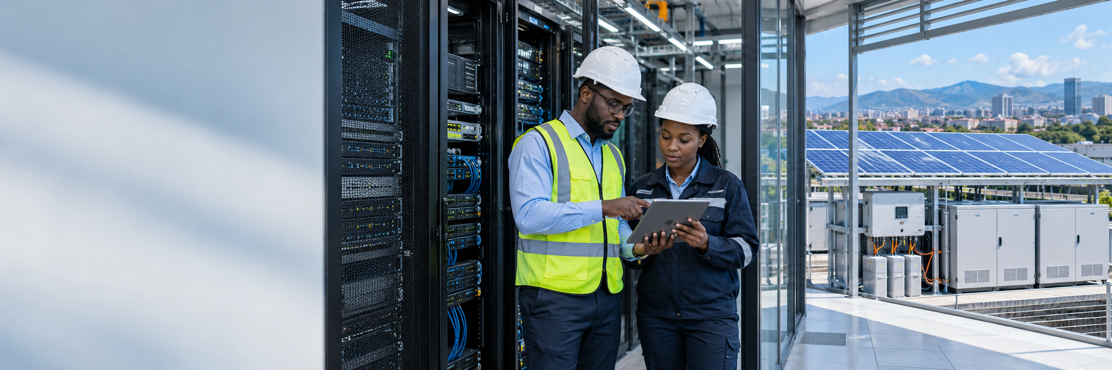 Engineers reviewing server infrastructure supported by solar power and battery equipment