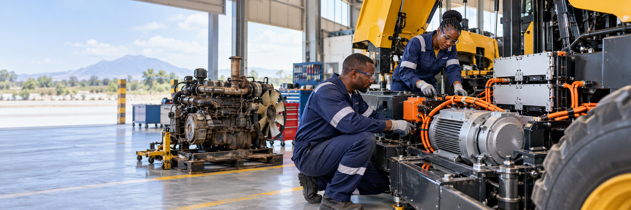 Technicians converting diesel-powered equipment to an electric drive system