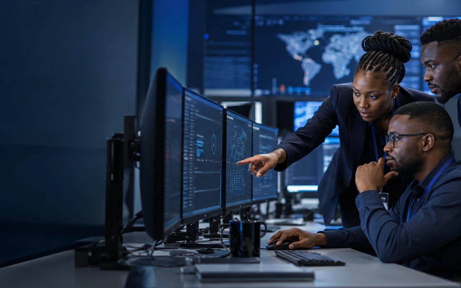 Cybersecurity specialists monitoring connected systems