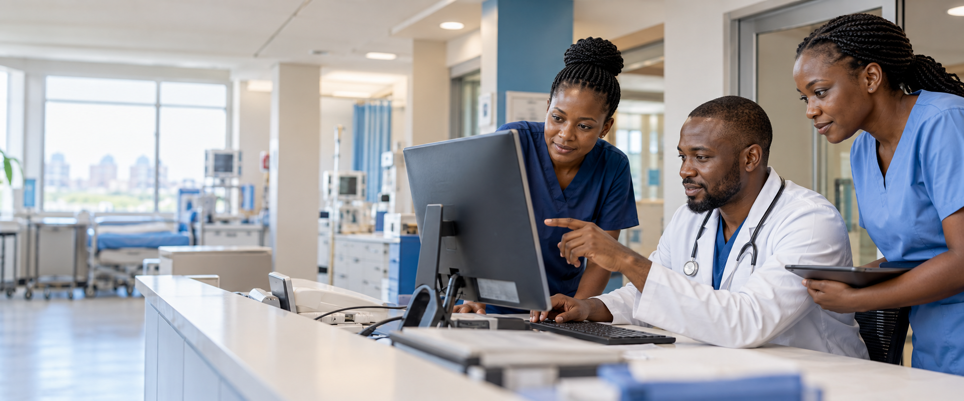 Healthcare professionals coordinating digital hospital operations