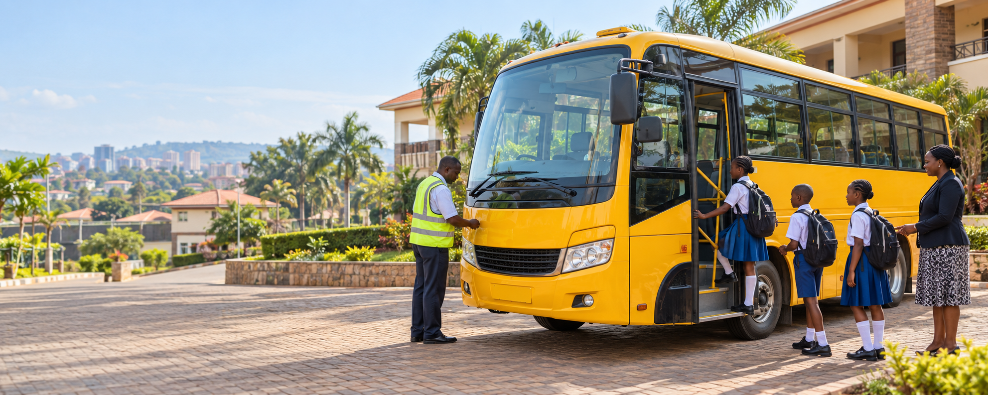 Students boarding a school bus with staff supervision